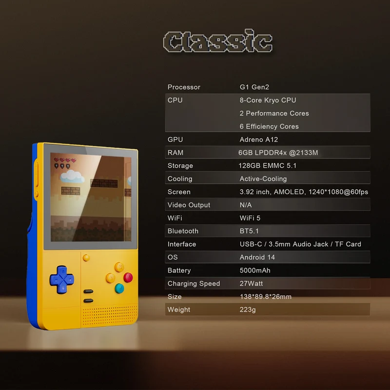 Retroid Pocket Classic 6GB + 128GB Handheld Retro Gaming System (PKM Yellow, Classic 6)