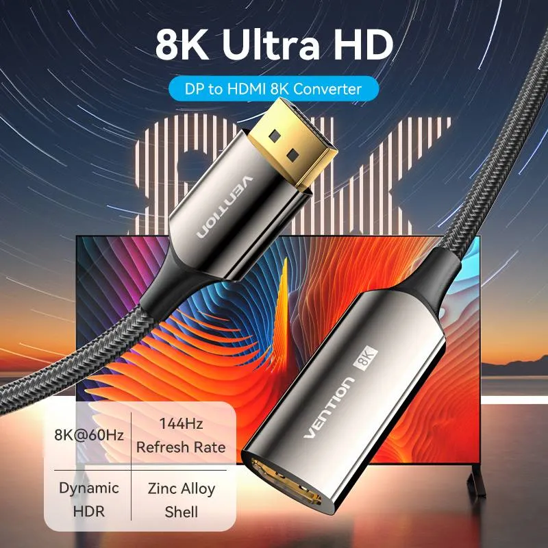 Vention Cotton Braided DP Male to HDMI Female 8K Converter - Black Zinc Alloy Type 0.25M (HFNBC)