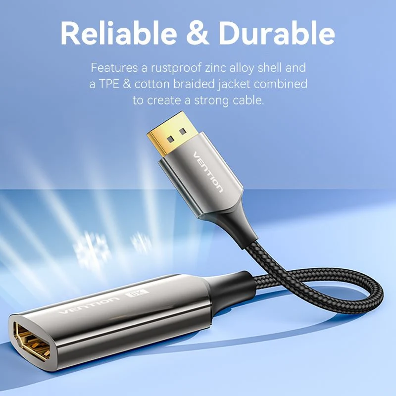 Vention Cotton Braided DP Male to HDMI Female 8K Converter - Black Zinc Alloy Type 0.25M (HFNBC)