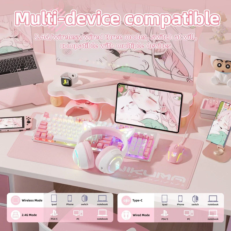 Onikuma GT838 Tri-Mode Wireless Headphone (White/Blue, White/Pink)