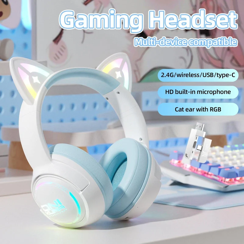 Onikuma GT838 Tri-Mode Wireless Headphone (White/Blue, White/Pink)