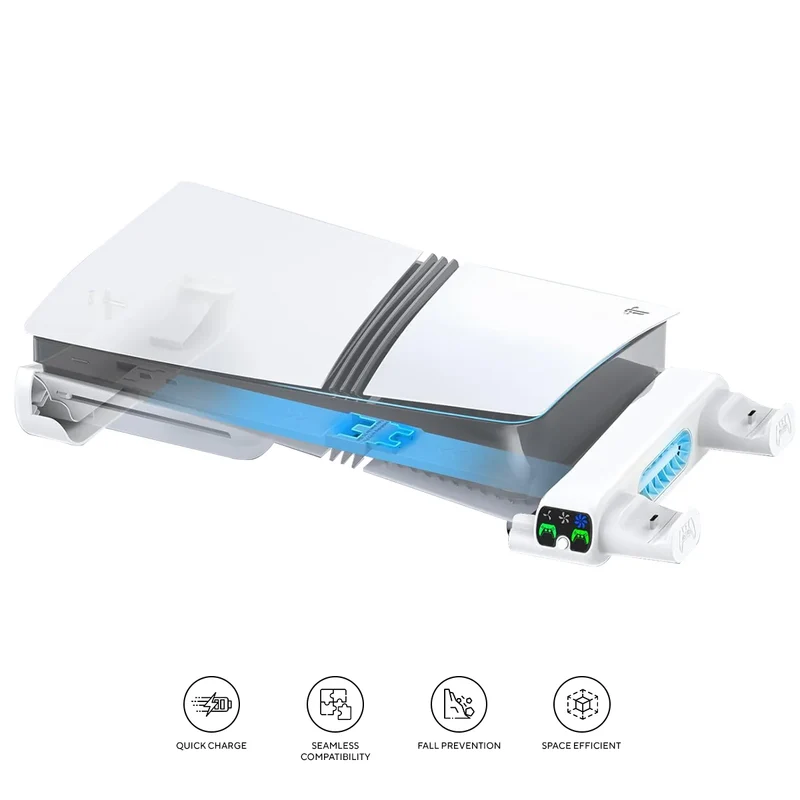 Tokluck Multi-Function Horizontal Cooling Stand and Controller Charger w/ LED Light for PS5 Slim & PS5 Pro (White) (VG-P5299XS-Pro)