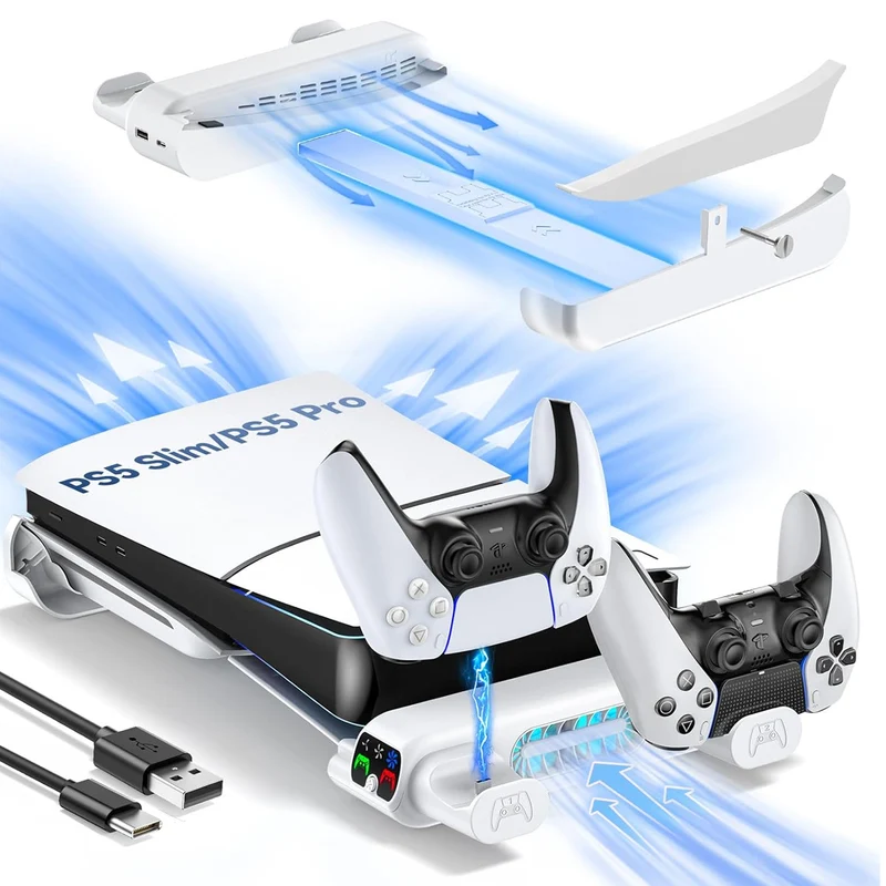 Tokluck Multi-Function Horizontal Cooling Stand and Controller Charger w/ LED Light for PS5 Slim & PS5 Pro (White) (VG-P5299XS-Pro)