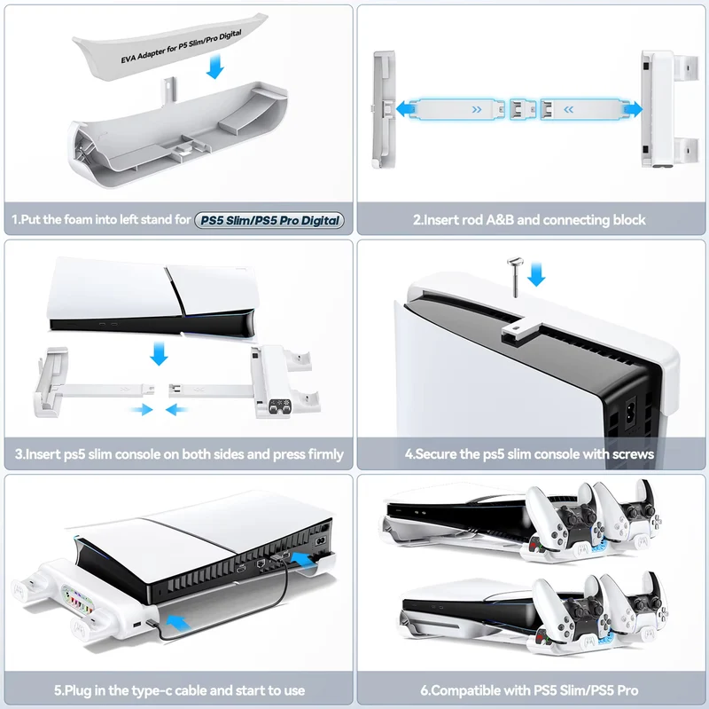 Tokluck Multi-Function Horizontal Cooling Stand and Controller Charger w/ LED Light for PS5 Slim & PS5 Pro (White) (VG-P5299XS-Pro)