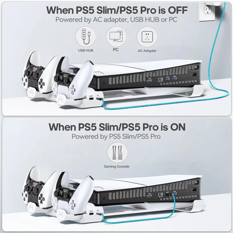 Tokluck Multi-Function Horizontal Cooling Stand and Controller Charger w/ LED Light for PS5 Slim & PS5 Pro (White) (VG-P5299XS-Pro)
