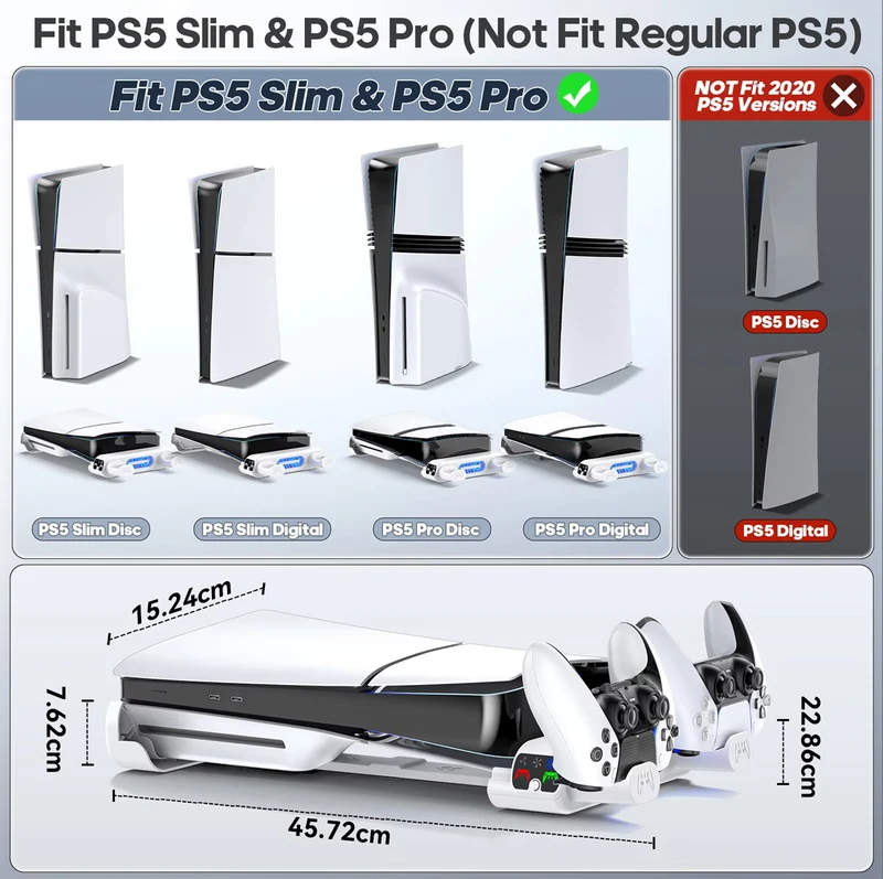 Tokluck Multi-Function Horizontal Cooling Stand and Controller Charger w/ LED Light for PS5 Slim & PS5 Pro (White) (VG-P5299XS-Pro)