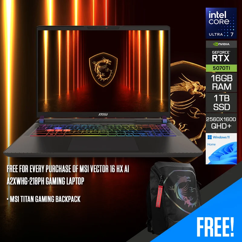 MSI Vector 16 HX AI A2XWHG-218PH Gaming Laptop | 16" QHD+ (2560x1600) 240Hz IPS | Intel Core Ultra 7 255HX | 16GB RAM | 1TB SSD | RTX 5070 Ti 12GB | Windows 11 Home | MSI Titan Gaming Backpack