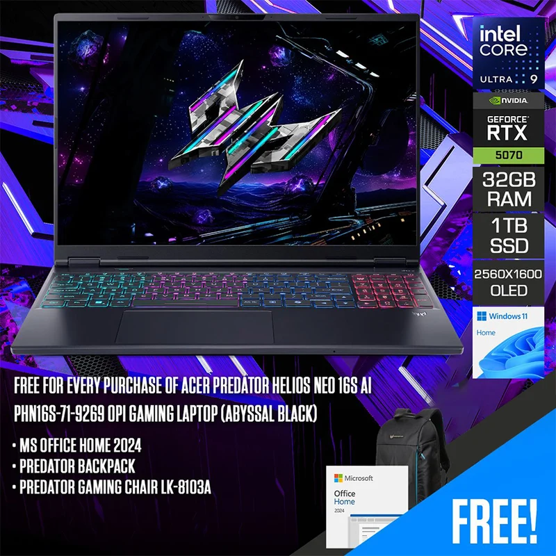 Acer Predator Helios Neo 16S AI PHN16S-71-9269 OPI Gaming Laptop (Abyssal Black) | 16" WQXGA (2560x1600) 240Hz OLED | Core Ultra 9 275HX | 32GB RAM | 1TB SSD | RTX 5070 | Windows 11 Home | MS Office Home 2024 + Predator Backpack