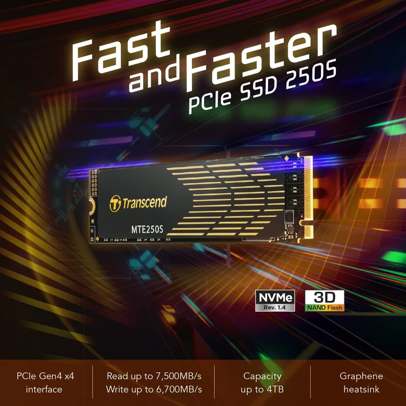 Transcend 250S M.2 2280 NVMe PCIe Gen4 x4 Internal Gaming SSD with Graphene Heatsink - Compatible with PS5 (1TB, 2TB, 4TB)