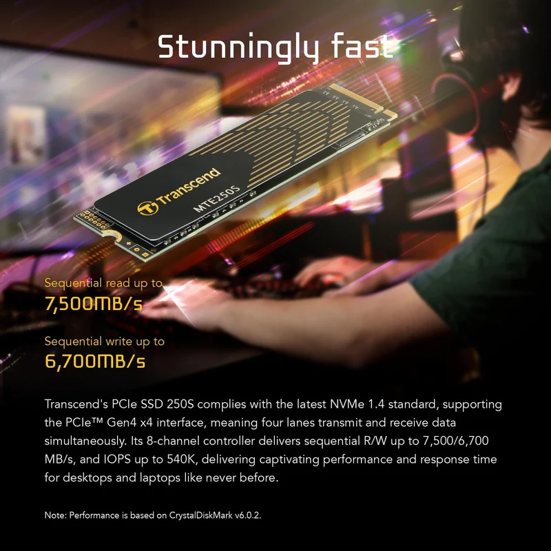 Transcend 250S M.2 2280 NVMe PCIe Gen4 x4 Internal Gaming SSD with Graphene Heatsink - Compatible with PS5 (1TB, 2TB, 4TB)