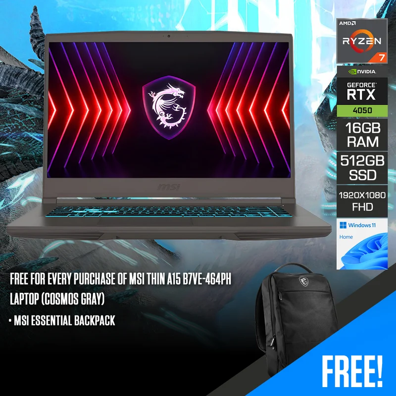 MSI Thin A15 B7VE-464PH Laptop (Cosmos Gray) | 15.6" FHD (1920x1080) 144Hz IPS | Ryzen 7 7735HS | 16GB RAM | 512GB SSD | RTX 4050 | Windows 11 Home | MSI Essential Backpack