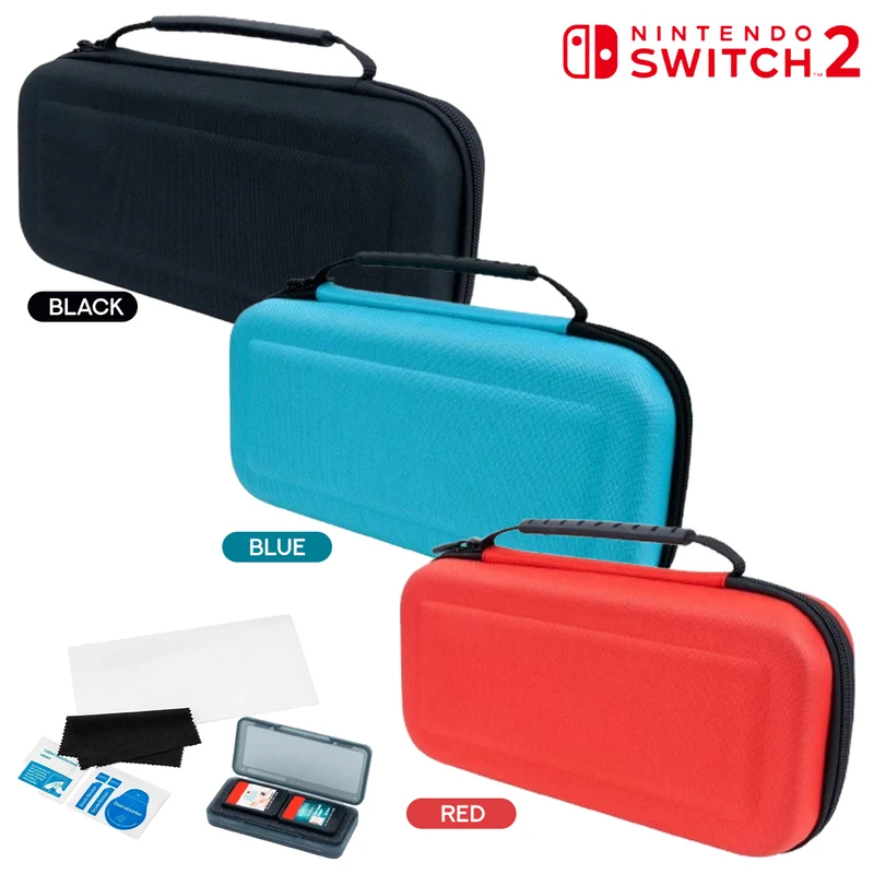 Nacon Starter Pack Includes Rigid Pouch + Screen Protector + Practical Foldable Card Case for Nintendo Switch 2 (Black, Blue, Red)
