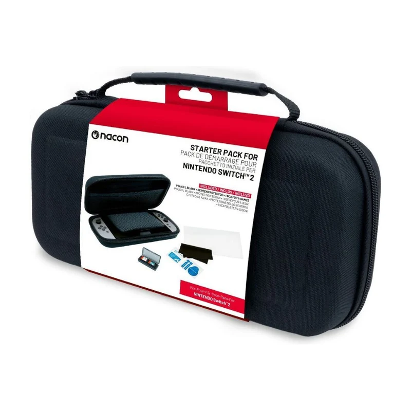 Nacon Starter Pack Includes Rigid Pouch + Screen Protector + Practical Foldable Card Case for Nintendo Switch 2 (Black, Blue, Red)