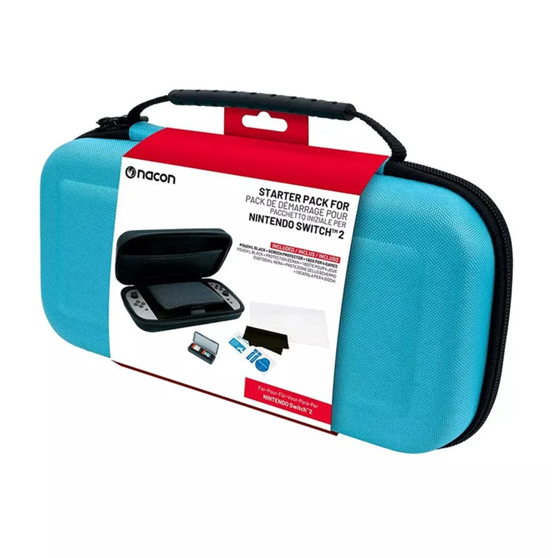 Nacon Starter Pack Includes Rigid Pouch + Screen Protector + Practical Foldable Card Case for Nintendo Switch 2 (Black, Blue, Red)