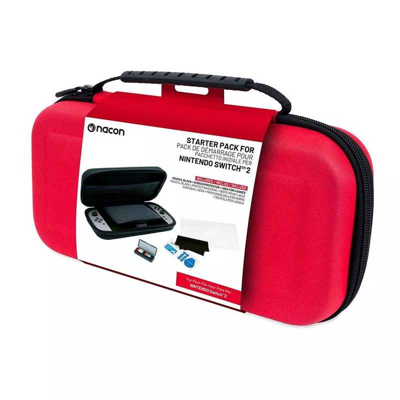 Nacon Starter Pack Includes Rigid Pouch + Screen Protector + Practical Foldable Card Case for Nintendo Switch 2 (Black, Blue, Red)