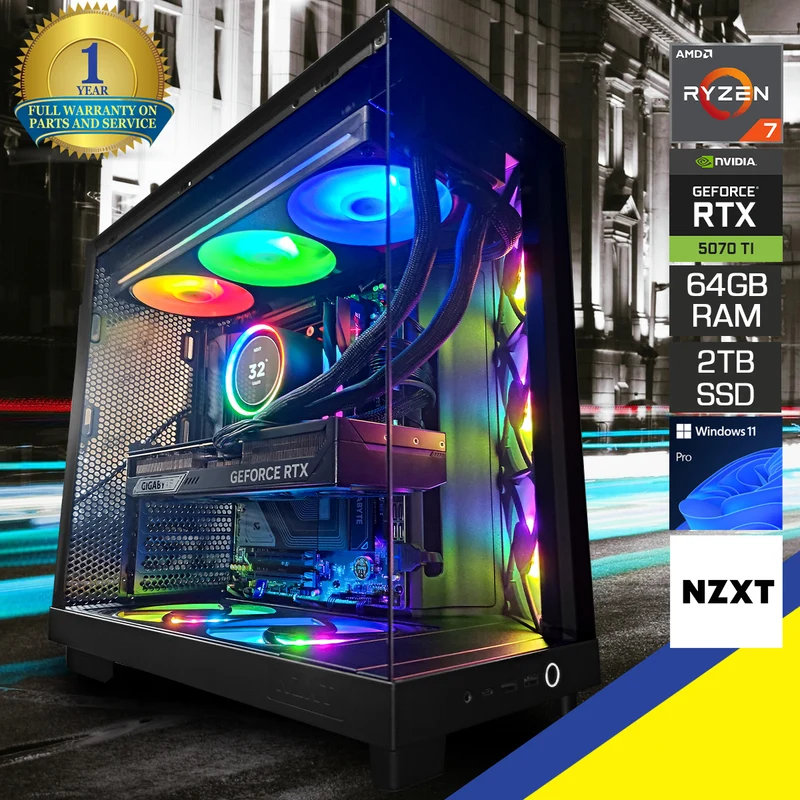 Ultra H6 Flow Black Desktop Gaming PC | AMD Ryzen 7 7800X3D | 64GB RAM | 2TB SSD | w/ WiFi + Bluetooth | GeForce RTX 5070 Ti | Windows 11 Pro