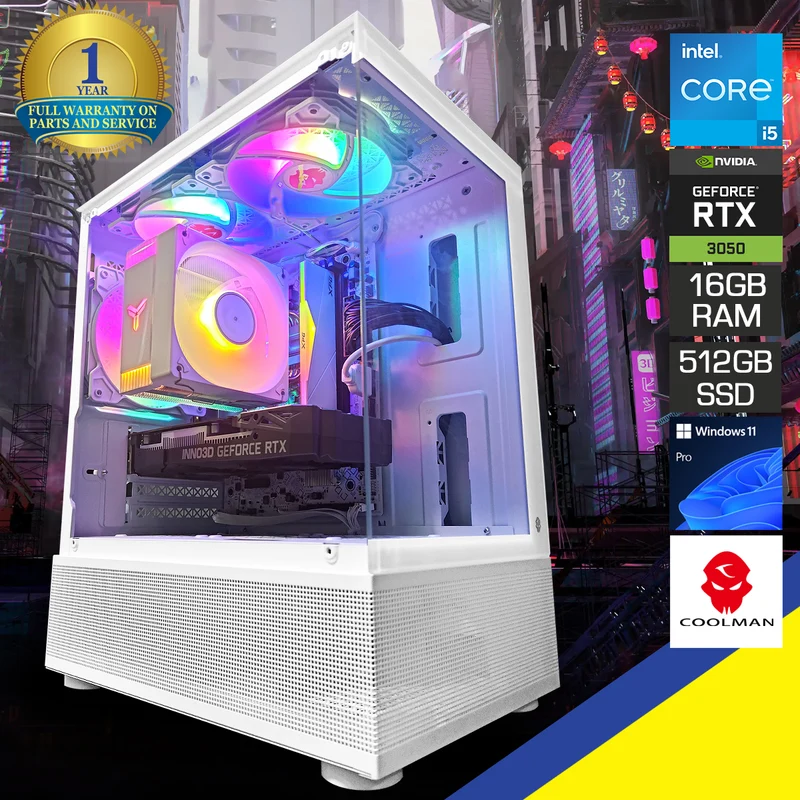 Alpha Reyna White Desktop Gaming PC | Intel i5 12400F | 16GB RAM | 512GB SSD | w/ WiFi + Bluetooth | GeForce RTX 3050 | Windows 11 Pro