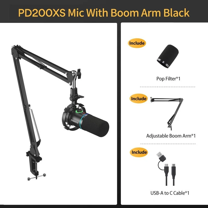 Maono PD200XS USB/XLR Podcast Dynamic Microphone Set with Boom Arm (Black, White, Pink)