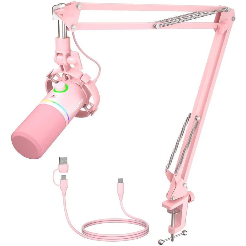 Maono PD200XS USB/XLR Podcast Dynamic Microphone Set with Boom Arm (Black, White, Pink)