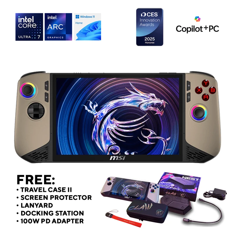 MSI Claw 8 AI+ A2VM-060PH Super Pack Handheld Gaming Console (Sandstorm) | 8" FHD+ (1920x1200) 120Hz Touch | Core Ultra 7 258V | 32GB RAM | 1TB SSD | Intel Arc 140V | Win 11 Home |Travel Case II +Screen Protector +Lanyard +Docking Station +100W PD Adapter