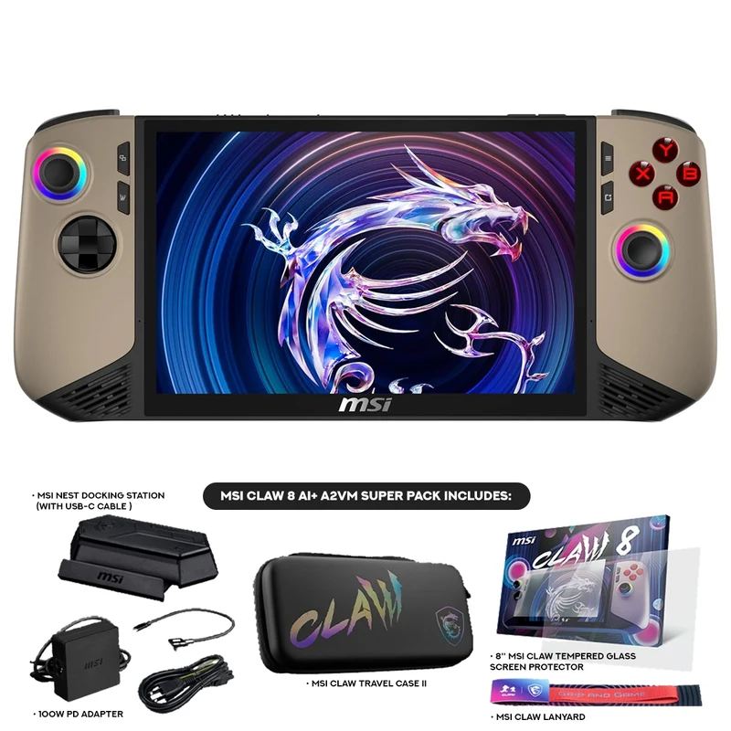 MSI Claw 8 AI+ A2VM-060PH Super Pack Handheld Gaming Console (Sandstorm) | 8" FHD+ (1920x1200) 120Hz Touch | Core Ultra 7 258V | 32GB RAM | 1TB SSD | Intel Arc 140V | Win 11 Home |Travel Case II +Screen Protector +Lanyard +Docking Station +100W PD Adapter