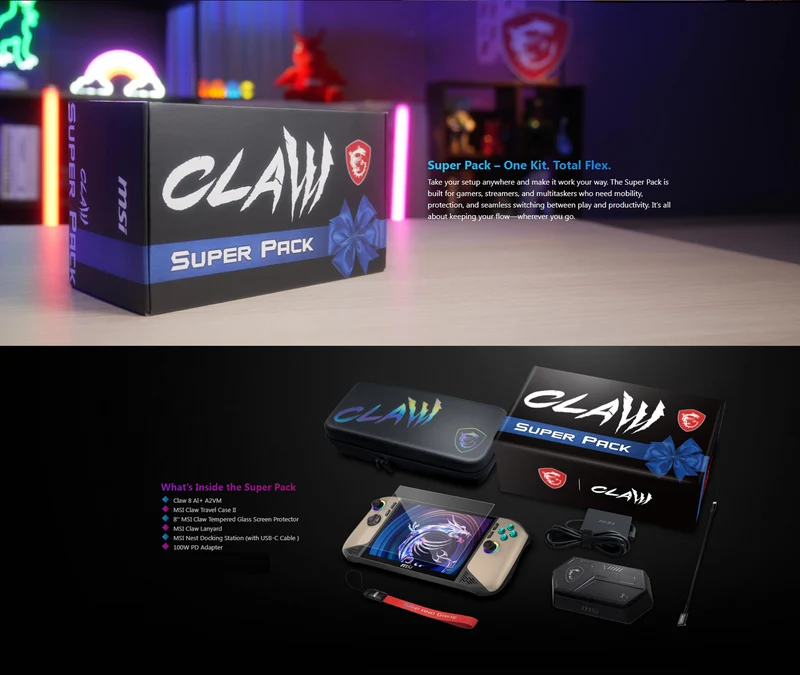MSI Claw 8 AI+ A2VM-060PH Super Pack Handheld Gaming Console (Sandstorm) | 8" FHD+ (1920x1200) 120Hz Touch | Core Ultra 7 258V | 32GB RAM | 1TB SSD | Intel Arc 140V | Win 11 Home |Travel Case II +Screen Protector +Lanyard +Docking Station +100W PD Adapter