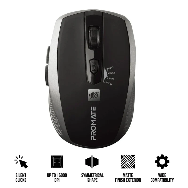 Promate Breeze 1600DPI Silent Switch Streamlined Wireless Mouse (Silver)
