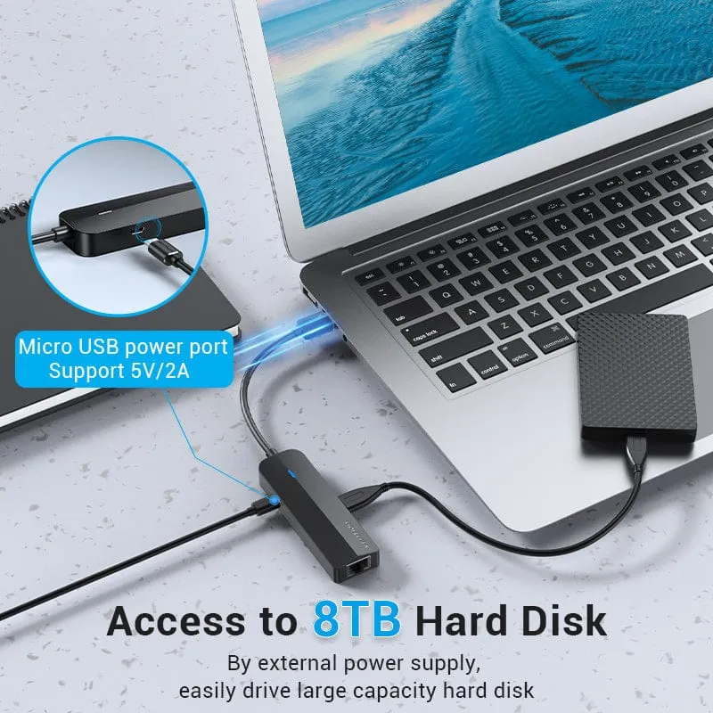 Vention 3-Port USB 2.0 Hub with 100M Ethernet Adapter - USB-A to USB 2.0 + RJ45 + Micro-B - 0.15M (CHPBB)