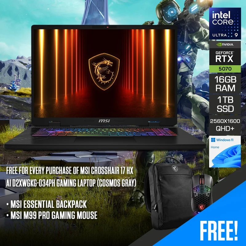 MSI Crosshair 17 HX AI D2XWGKG-034PH Gaming Laptop (Cosmos Gray) | 17" QHD+ (2560x1600) 240Hz IPS | Core Ultra 9 275HX | 16GB RAM | 1TB SSD | RTX 5070 | Windows 11 Home | MSI Essential Backpack + MSI M99 Pro Gaming Mouse