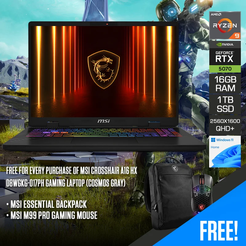 MSI Crosshair A16 HX D8WGKG-017PH Gaming Laptop (Cosmos Gray) | 16" QHD+ (2560x1600) 240Hz IPS | Ryzen 9 8940HX | 16GB RAM | 1TB SSD | RTX 5070 | Windows 11 Home | MSI Essential Backpack + MSI M99 Pro Gaming Mouse