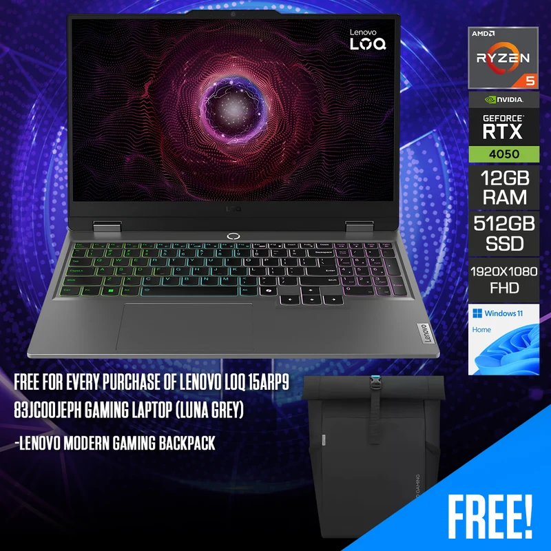Lenovo LOQ 15ARP9 83JC00JEPH Gaming Laptop (Luna Grey) | 15.6" FHD (1920x1080) IPS 144Hz | Ryzen 5 7235HS | 12GB RAM | 512GB SSD | RTX 4050 | Windows 11 Home | Lenovo Modern Gaming Backpack