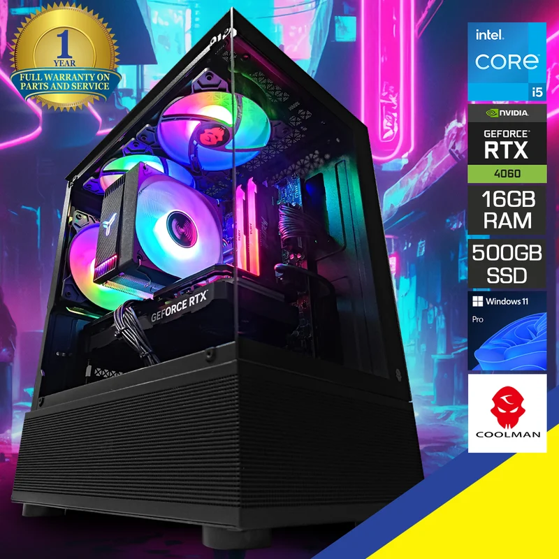 Alpha Reyna Black Desktop Gaming PC | Intel i5 12400F | 16GB RAM | 500GB SSD | RTX 4060 | Windows 11 Pro