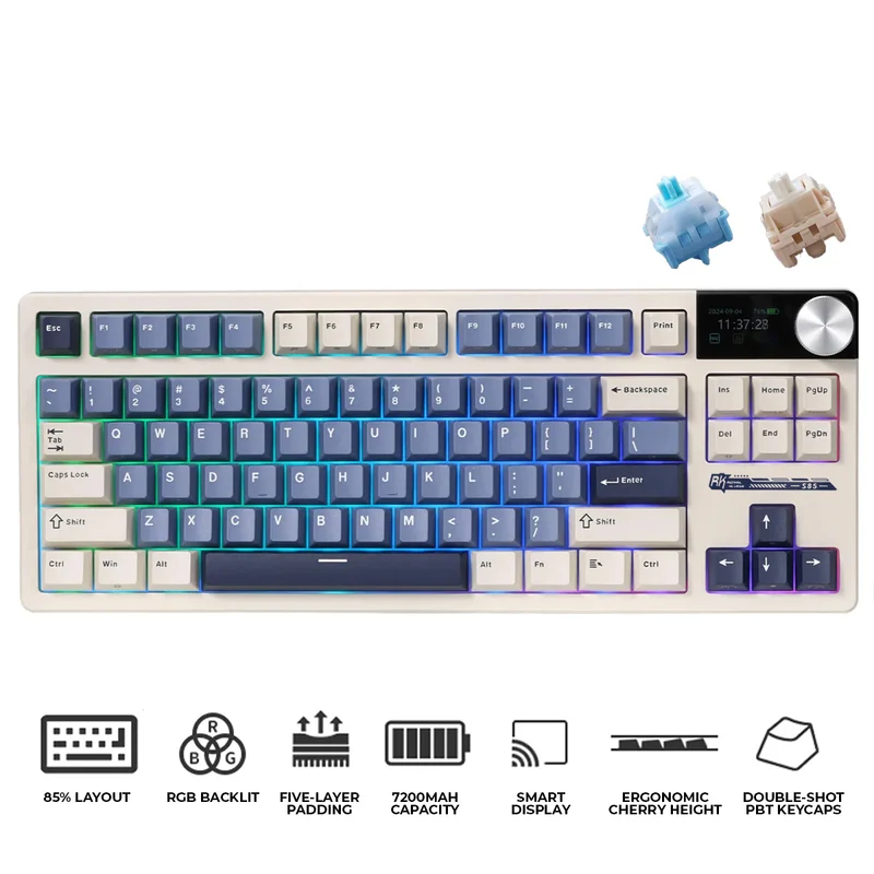 Royal Kludge RK-S85 Tri-Mode RGB 85 Keys Hot Swappable Mechanical Keyboard Horizon Blue (Cloud Switch, Beige Switch)