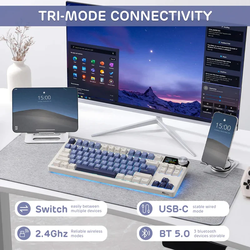 Royal Kludge RK-S85 Tri-Mode RGB 85 Keys Hot Swappable Mechanical Keyboard Horizon Blue (Cloud Switch, Beige Switch)
