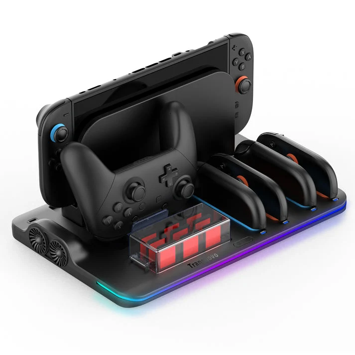 Transnovo Multi-Functional RGB Charging Dock Station for 4 Joy-Con Controller with Cooling Fan & 9 Game Card Slot for Nintendo Switch 2 (Black) (NS2-CG04)