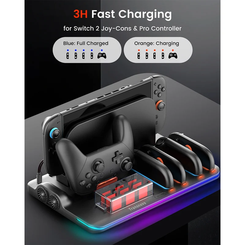 Transnovo Multi-Functional RGB Charging Dock Station for 4 Joy-Con Controller with Cooling Fan & 9 Game Card Slot for Nintendo Switch 2 (Black) (NS2-CG04)