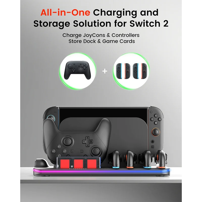 Transnovo Multi-Functional RGB Charging Dock Station for 4 Joy-Con Controller with Cooling Fan & 9 Game Card Slot for Nintendo Switch 2 (Black) (NS2-CG04)
