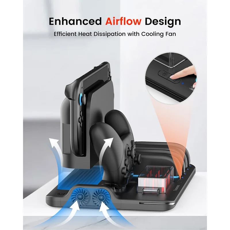 Transnovo Multi-Functional RGB Charging Dock Station for 4 Joy-Con Controller with Cooling Fan & 9 Game Card Slot for Nintendo Switch 2 (Black) (NS2-CG04)