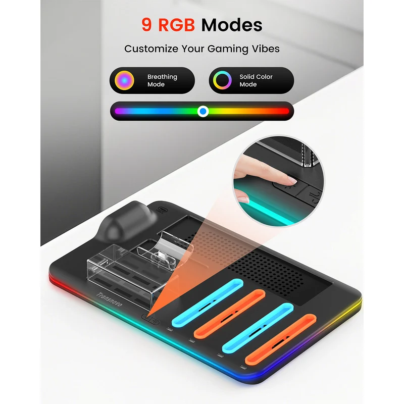 Transnovo Multi-Functional RGB Charging Dock Station for 4 Joy-Con Controller with Cooling Fan & 9 Game Card Slot for Nintendo Switch 2 (Black) (NS2-CG04)