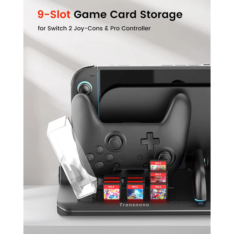 Transnovo Multi-Functional RGB Charging Dock Station for 4 Joy-Con Controller with Cooling Fan & 9 Game Card Slot for Nintendo Switch 2 (Black) (NS2-CG04)