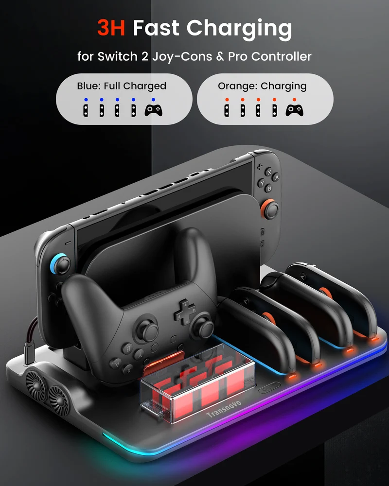 Transnovo Multi-Functional RGB Charging Dock Station for 4 Joy-Con Controller with Cooling Fan & 9 Game Card Slot for Nintendo Switch 2 (Black) (NS2-CG04)