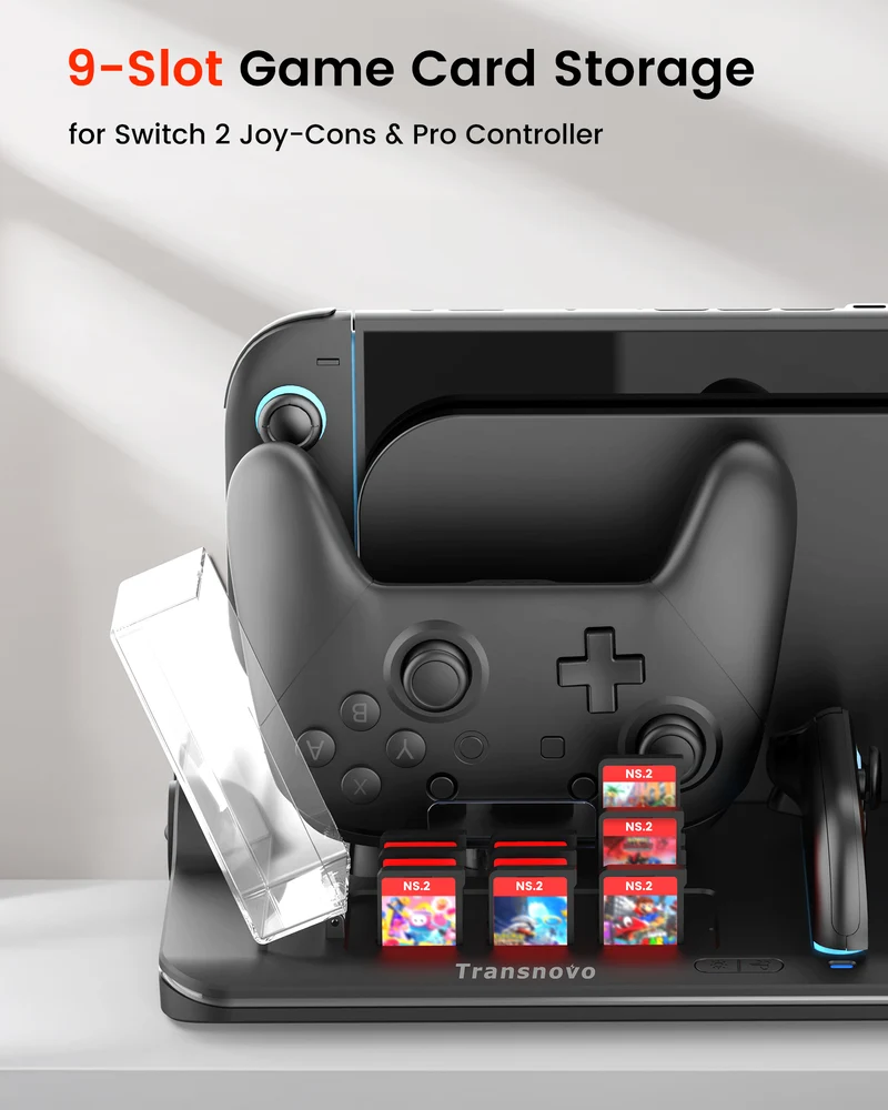 Transnovo Multi-Functional RGB Charging Dock Station for 4 Joy-Con Controller with Cooling Fan & 9 Game Card Slot for Nintendo Switch 2 (Black) (NS2-CG04)