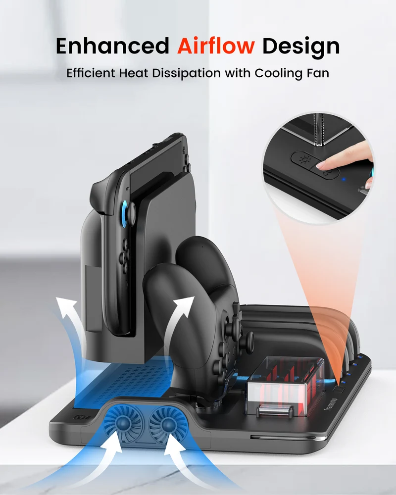 Transnovo Multi-Functional RGB Charging Dock Station for 4 Joy-Con Controller with Cooling Fan & 9 Game Card Slot for Nintendo Switch 2 (Black) (NS2-CG04)