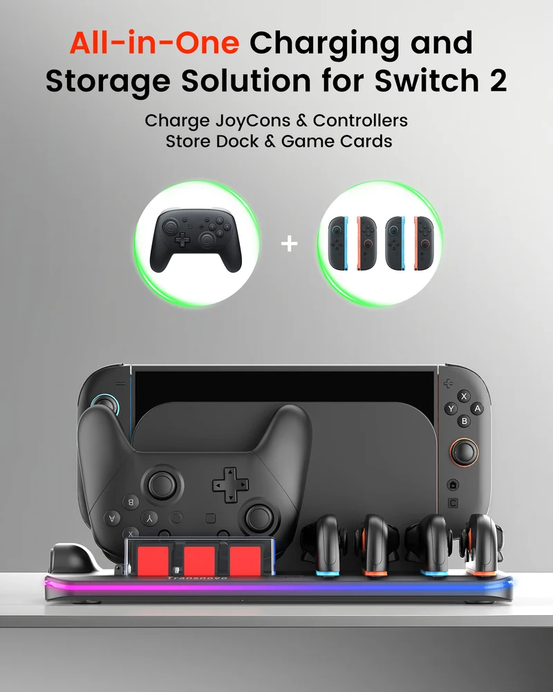 Transnovo Multi-Functional RGB Charging Dock Station for 4 Joy-Con Controller with Cooling Fan & 9 Game Card Slot for Nintendo Switch 2 (Black) (NS2-CG04)