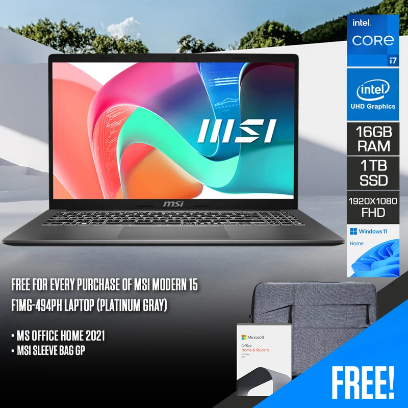 MSI Modern 15 F1MG-494PH Laptop (Platinum Gray) | 15.6" FHD (1920x1080) IPS | Intel Core 7 150U | 16GB RAM | 1TB SSD | Intel UHD Graphics | Windows 11 Home | MS Office Home & Student 2021 + MSI Sleeve Bag GP