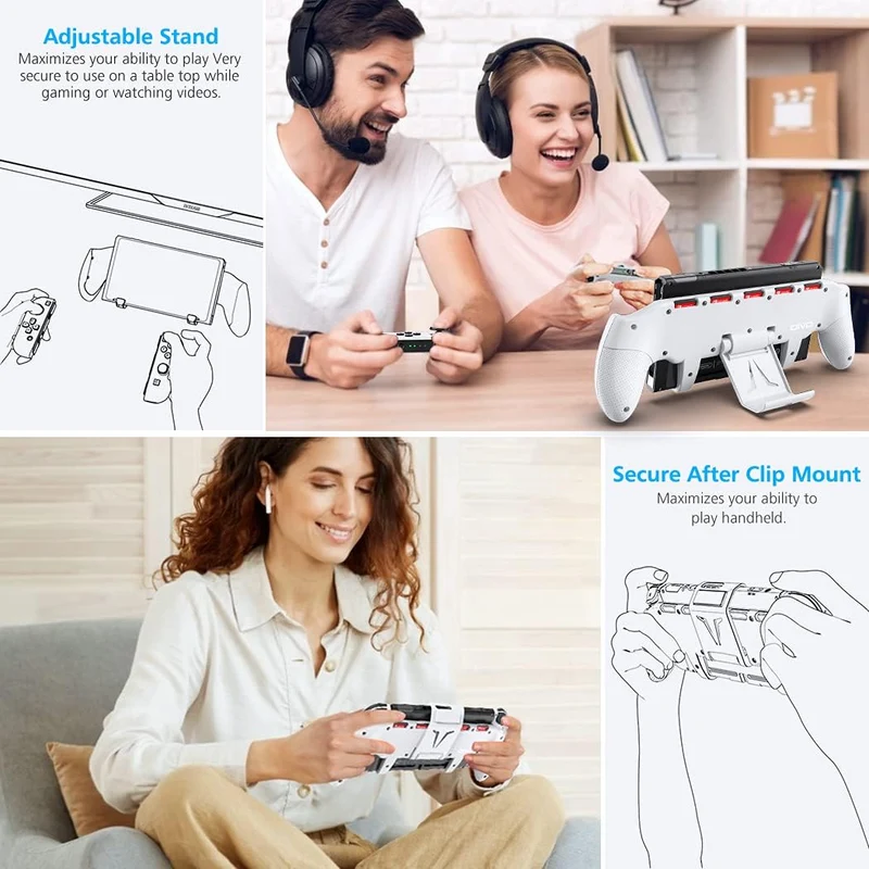 OIVO Asymmetrical Grip with Adjustable Stand for Nintendo Switch / Nintendo Switch OLED (Black, White)