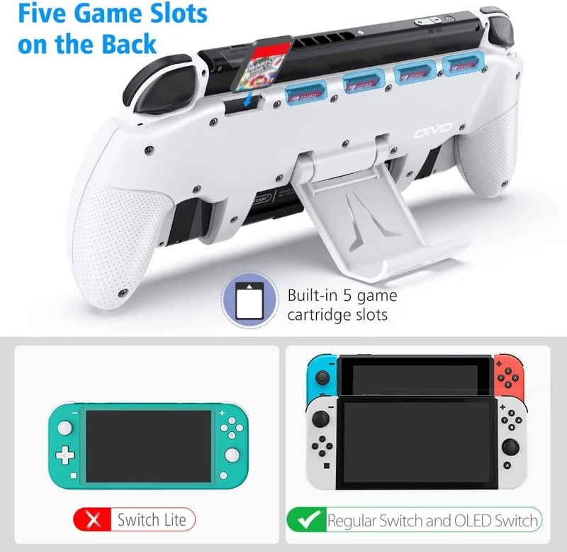 OIVO Asymmetrical Grip with Adjustable Stand for Nintendo Switch / Nintendo Switch OLED (Black, White)