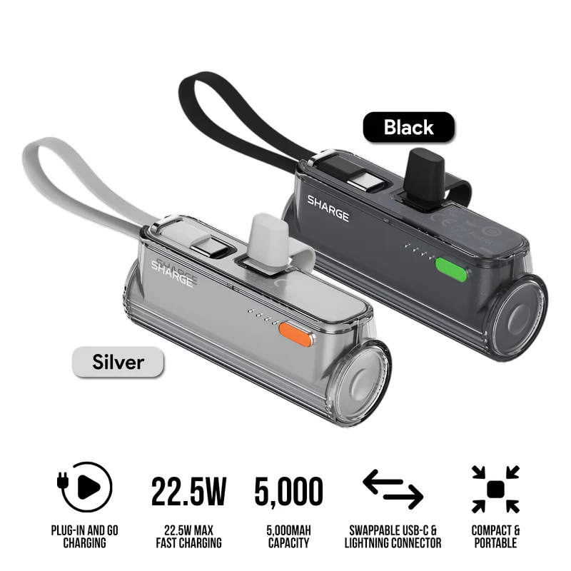 Sharge Flow Mini 2 5000mAH 22.5W Power Bank with Built-in USB-C Cable & USB-C to USB-C + USB-C to Lightning Connector (Black, Silver) (T1)