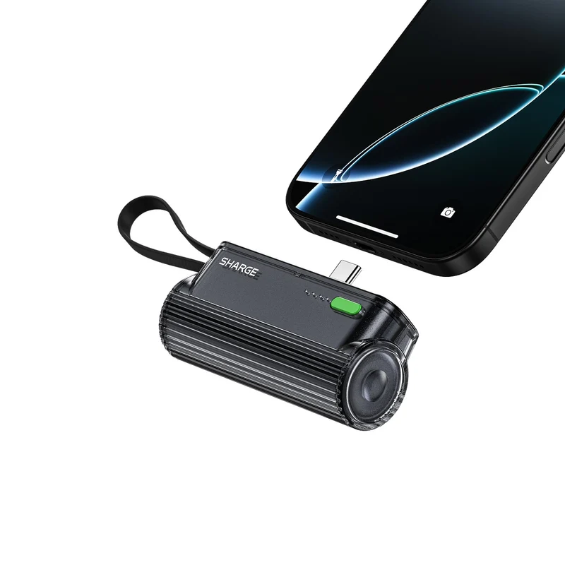 Sharge Flow Mini 2 5000mAH 22.5W Power Bank with Built-in USB-C Cable & USB-C to USB-C + USB-C to Lightning Connector (Black, Silver) (T1)