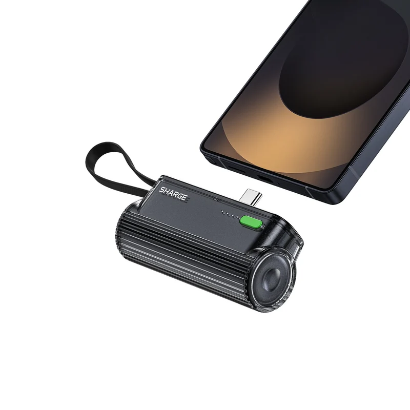 Sharge Flow Mini 2 5000mAH 22.5W Power Bank with Built-in USB-C Cable & USB-C to USB-C + USB-C to Lightning Connector (Black, Silver) (T1)